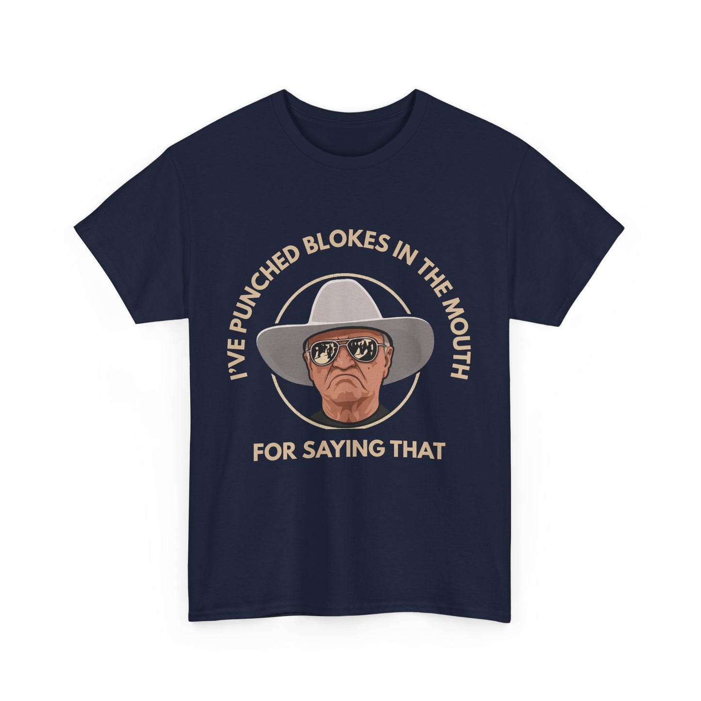 Graphic tee with Bob Katter quote referencing questions about his background