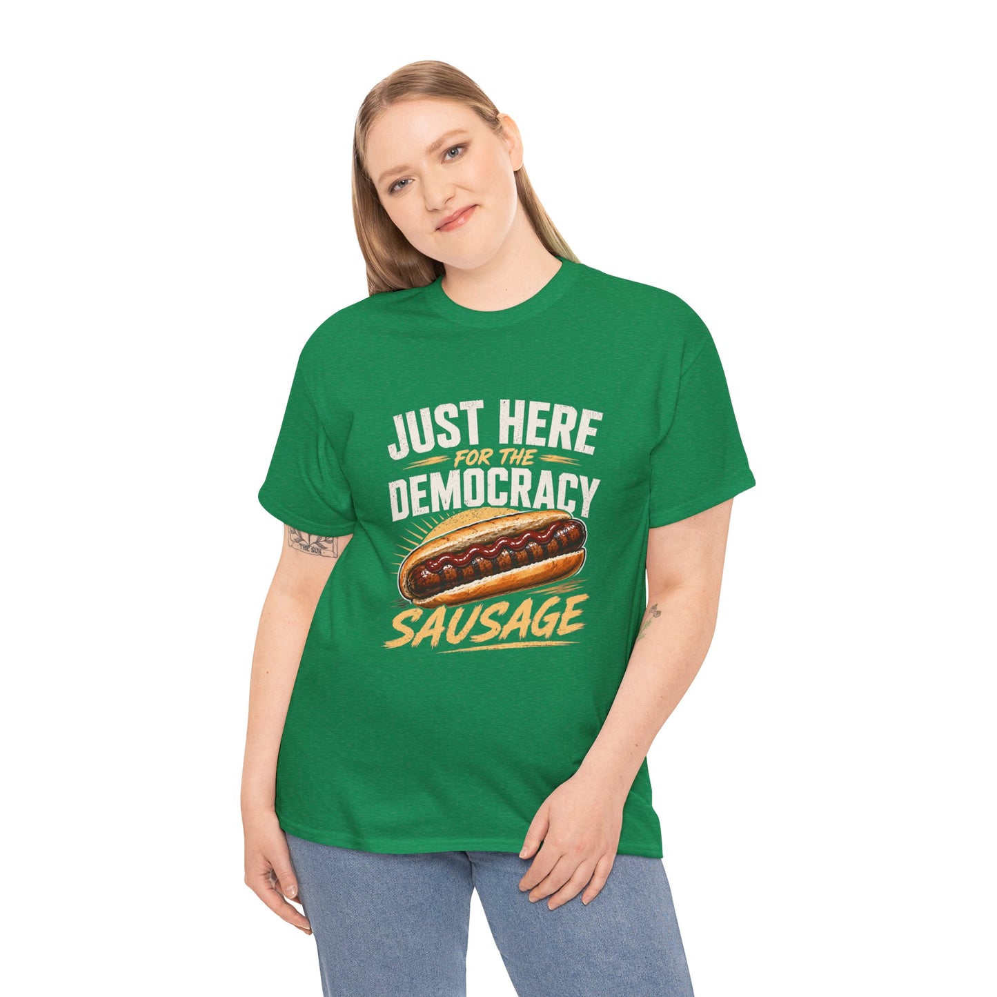 Funny election day gift t-shirt featuring a democracy sausage with tomato sauce and bold typography