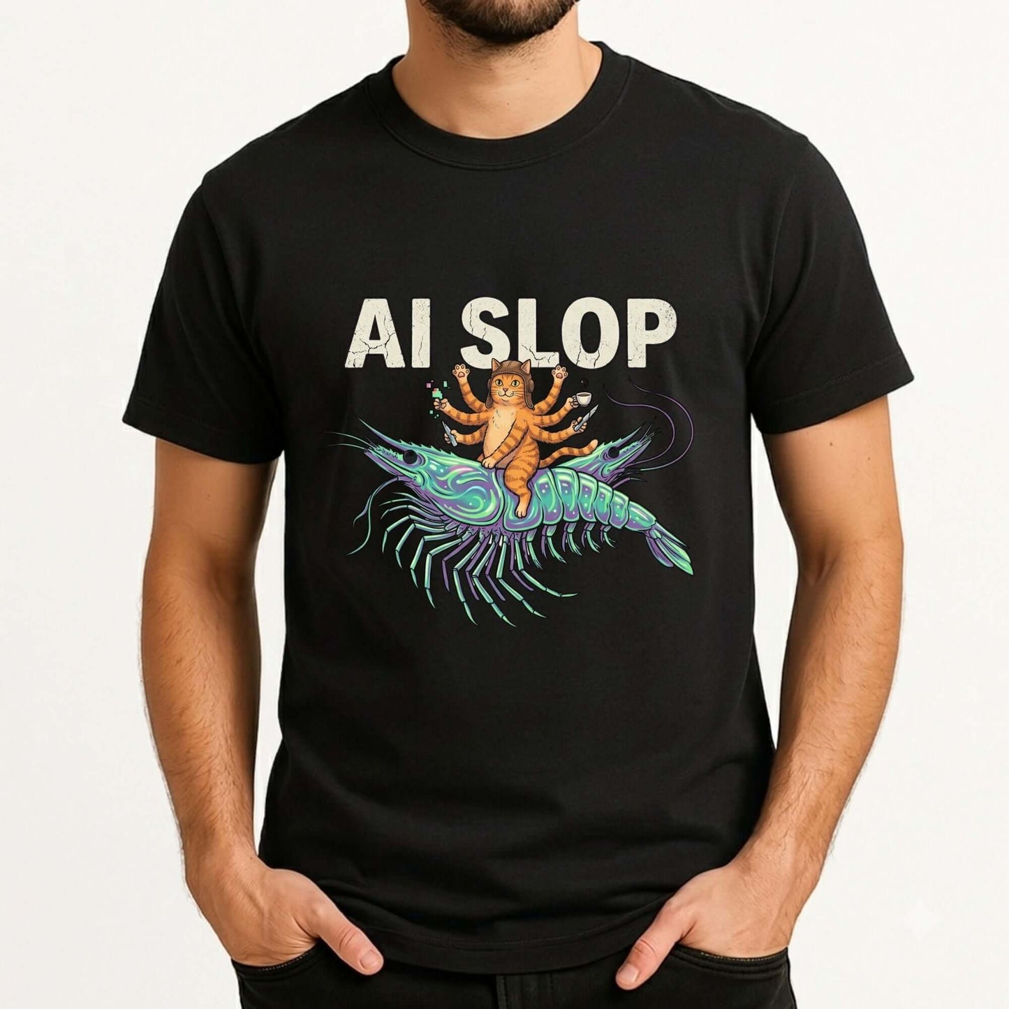 AI Slop t-shirt featuring a surreal cat riding a giant shrimp