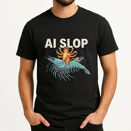 AI Slop t-shirt featuring a surreal cat riding a giant shrimp