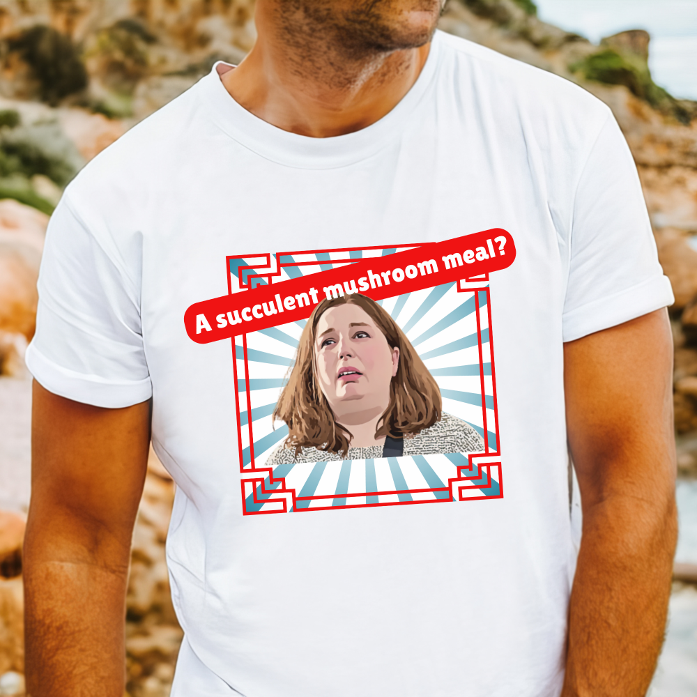 Erin Patterson satire t-shirt with “A Succulent Mushroom Meal?” text