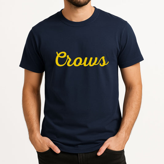 T-shirt featuring the word ‘Crows’ in bold lettering, designed for Adelaide football fans and supporters