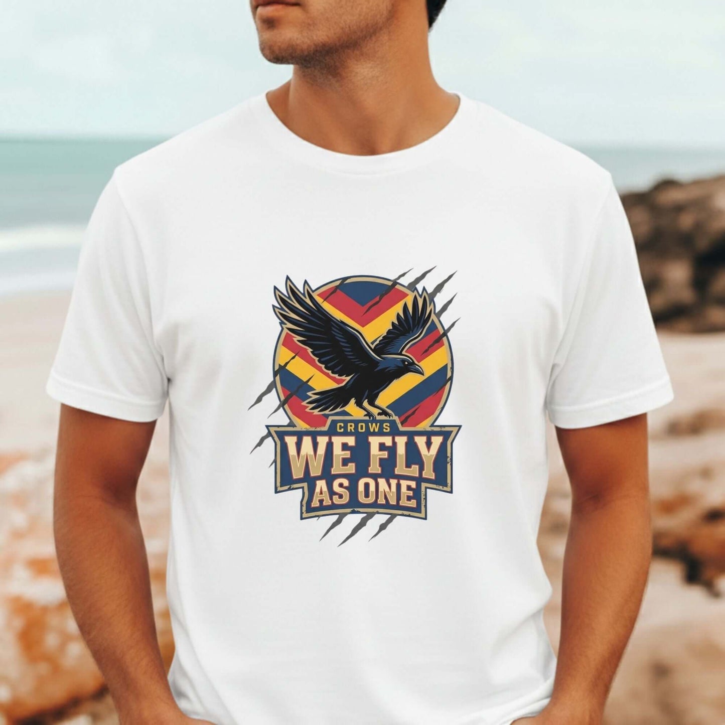 Adelaide Crows “We Fly As One” t-shirt for loyal Crows supporters, bold AFL fan tee in team colours for game day and everyday wear