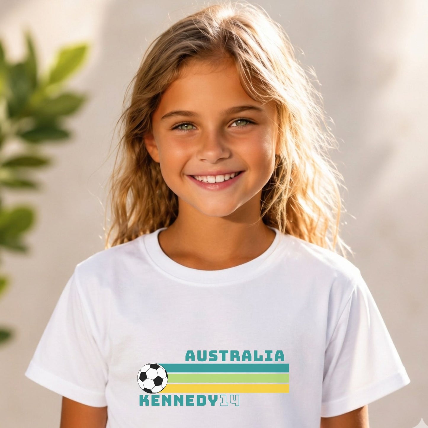 Matildas kids white t-shirt with Kennedy and 14 on it for Alanna Kennedy. 