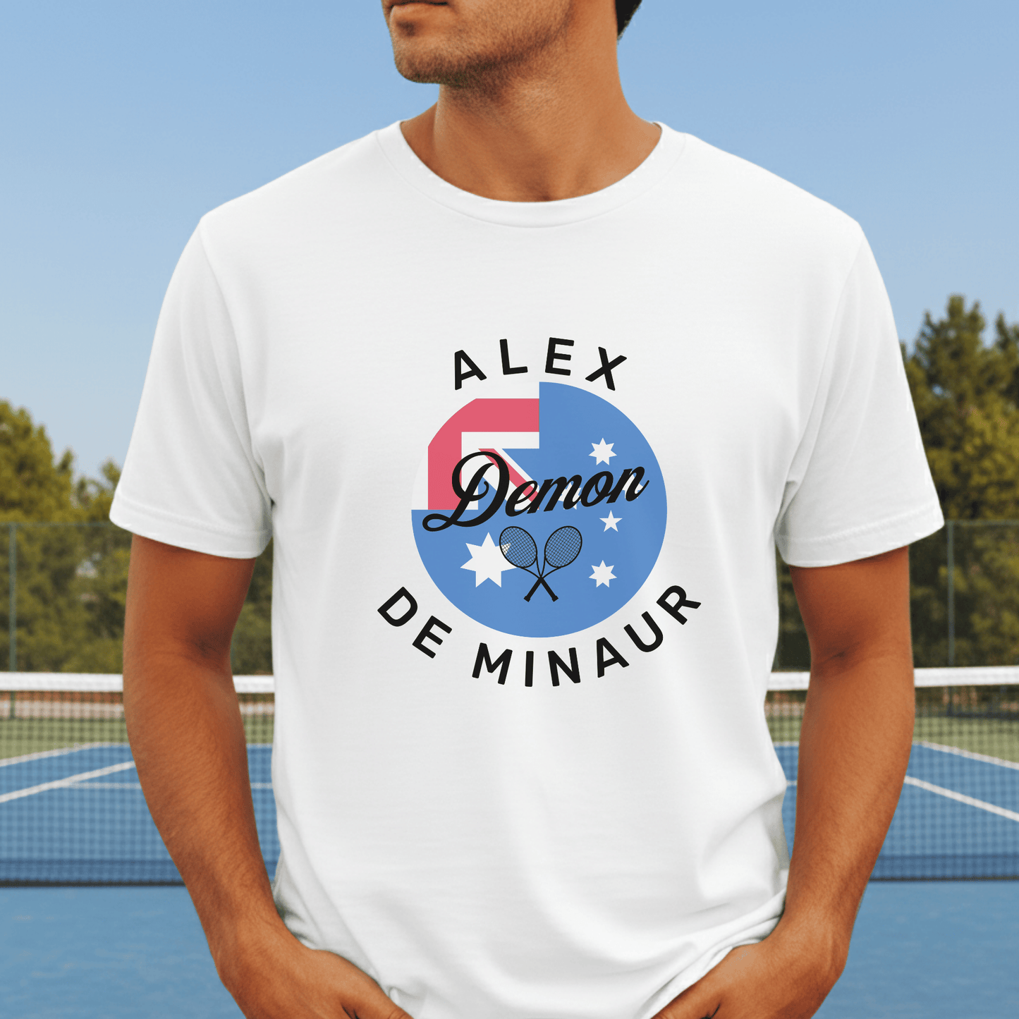 "Alex ‘Demon’ De Minaur t-shirt – white Aussie tennis fan tee with Australian flag