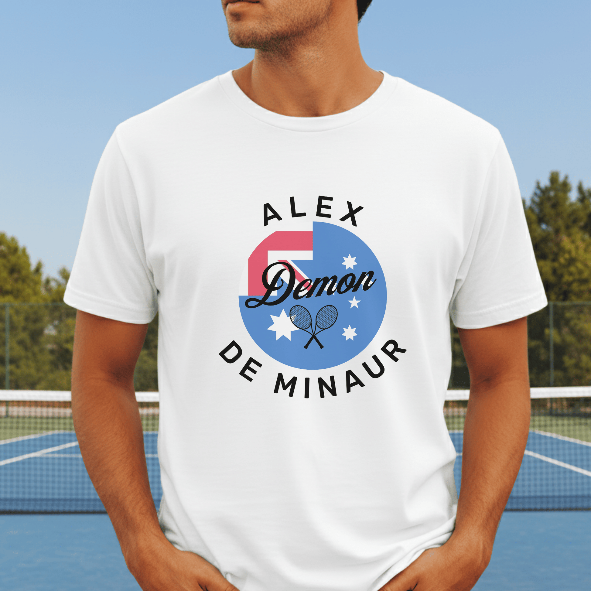 "Alex ‘Demon’ De Minaur t-shirt – white Aussie tennis fan tee with Australian flag