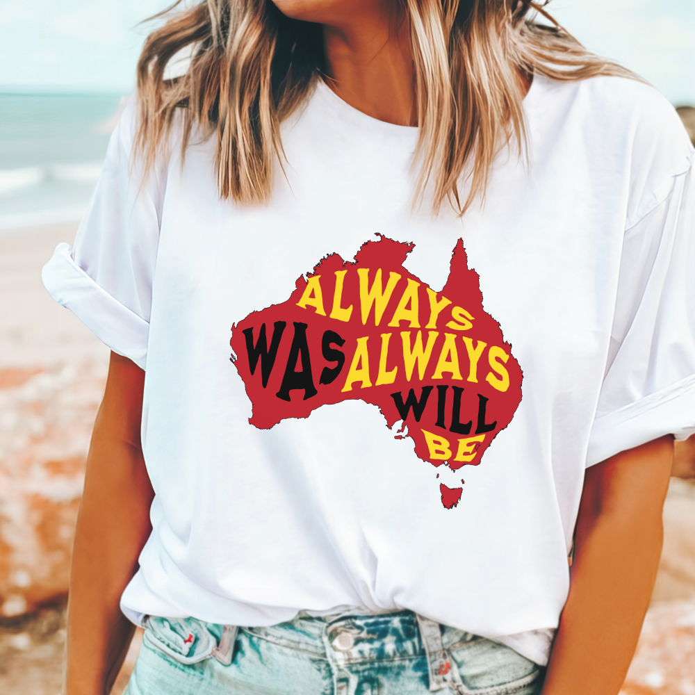 Lady wearing a Always was Always will be design on map of Australia on Aboriginal colours