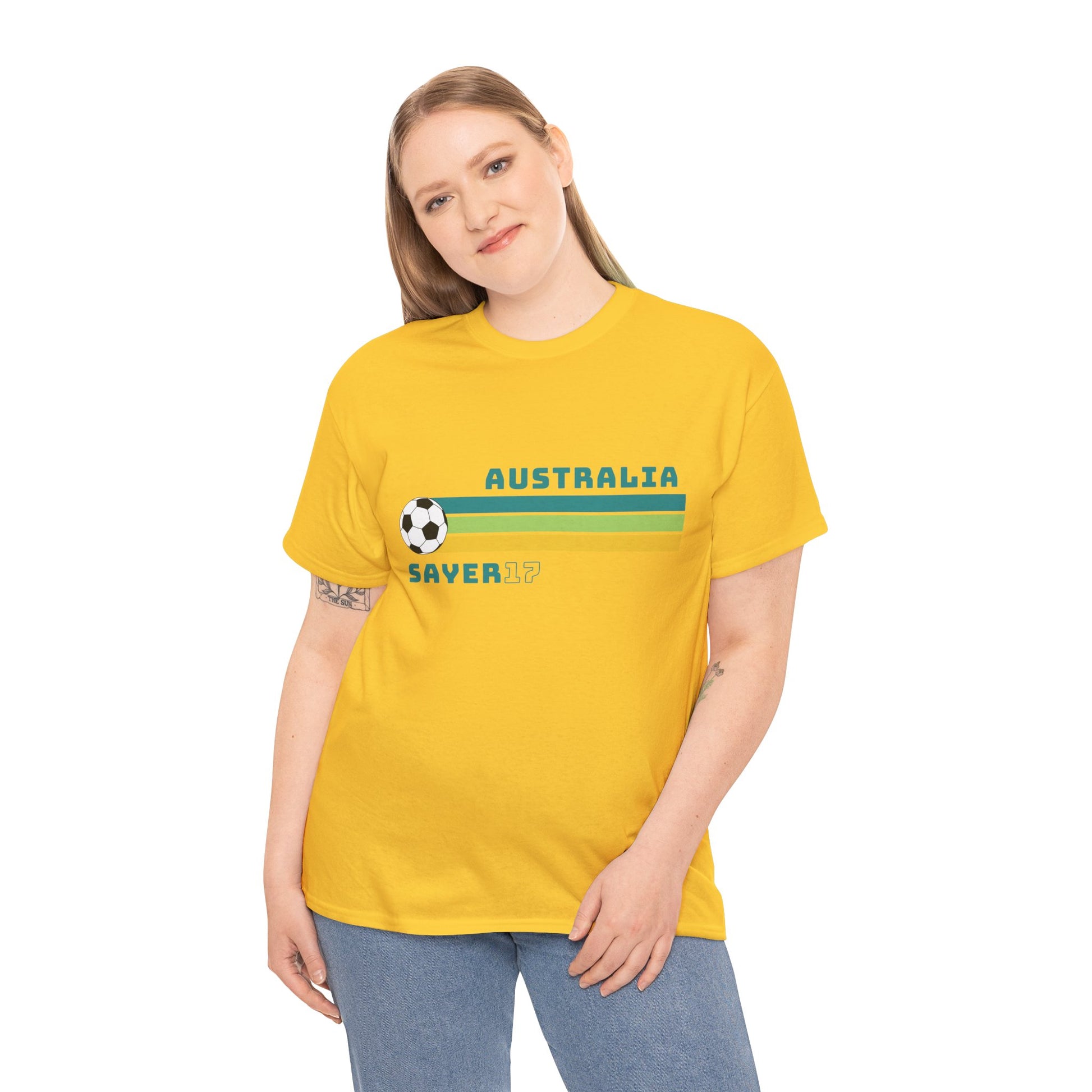 Bold green and gold t-shirt showing support for Amy Sayer