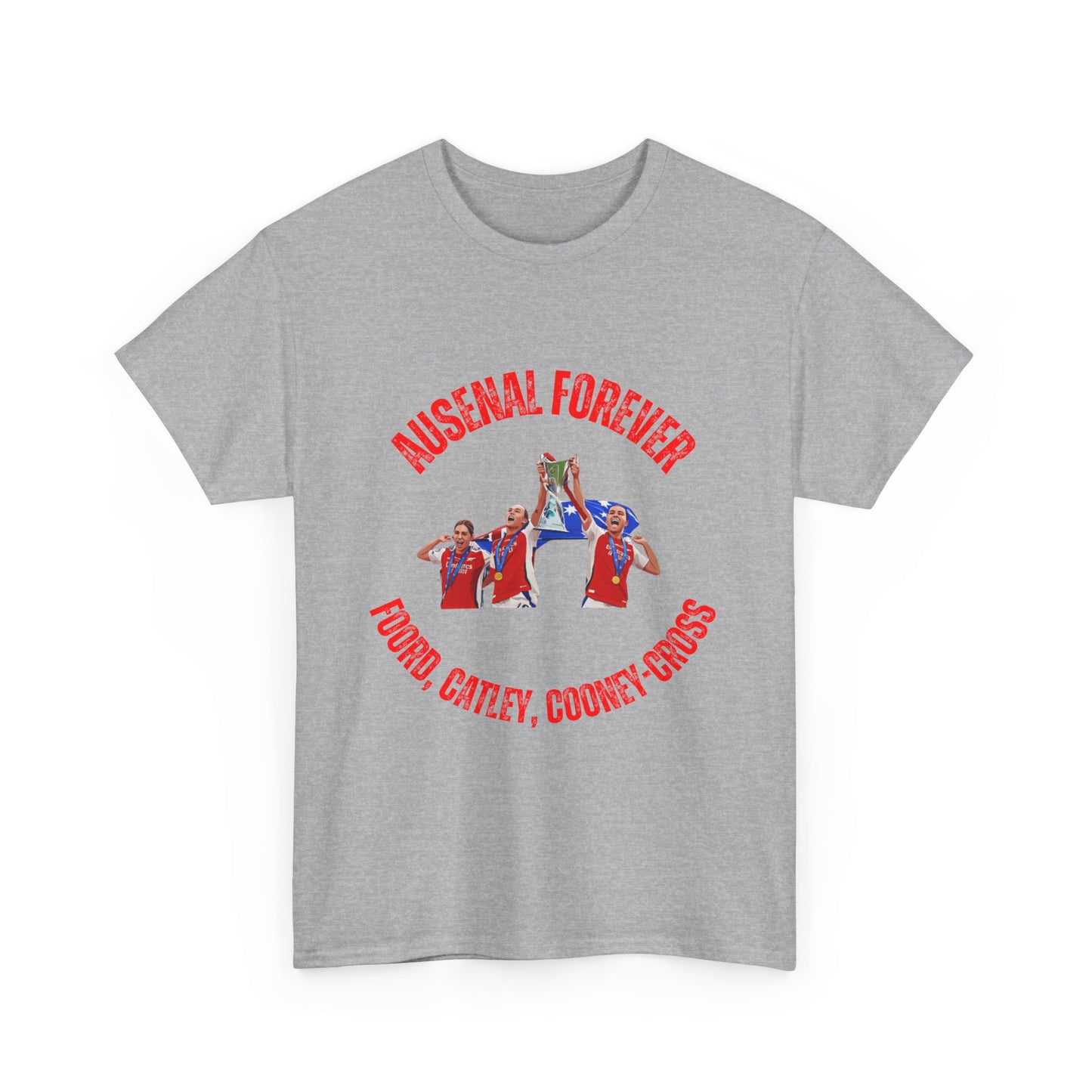 T-shirt showcasing Caitlin Foord, Steph Catley, and Kyra Cooney-Cross lifting the trophy