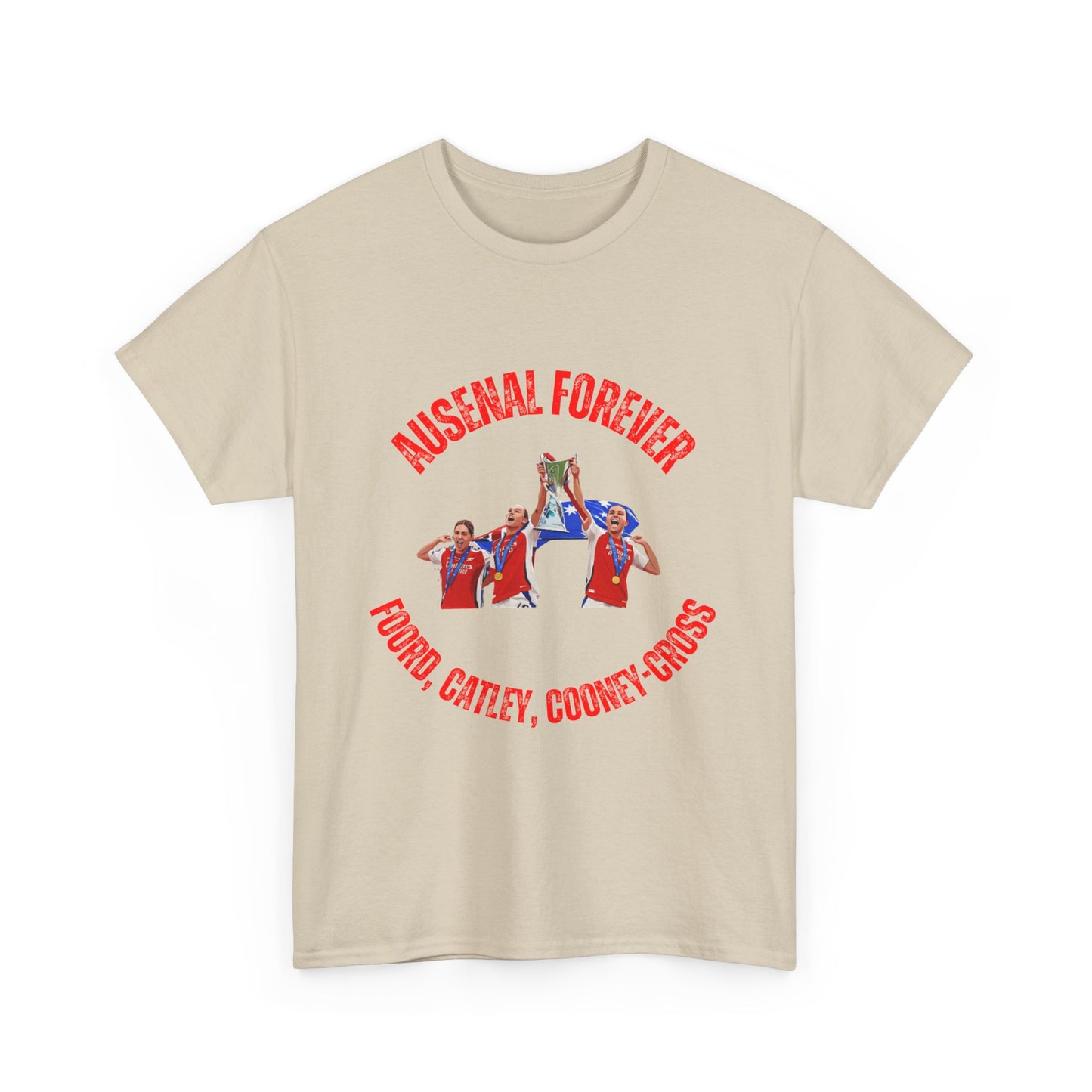 "Ausenal Forever" tee with fun illustration of Matildas trio in Arsenal kits