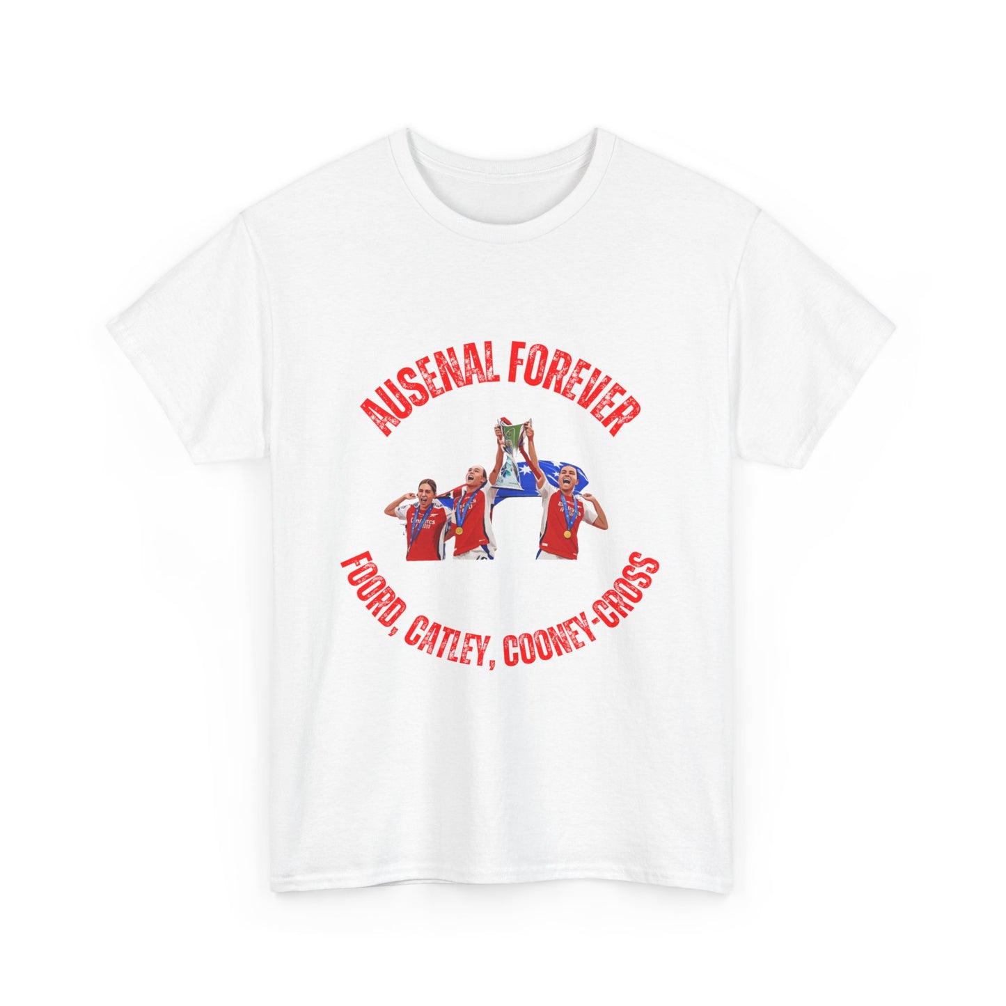 Cartoon-style Champions League victory tee featuring Aussie Arsenal stars
