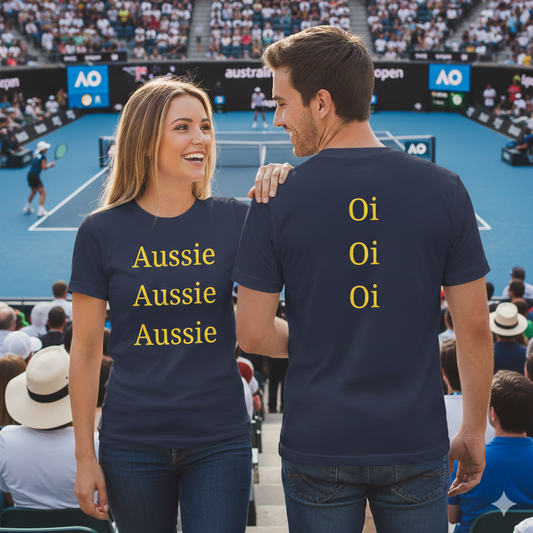 Couple wearing Aussie Aussie Aussie Oi Oi Oi blue t-shirt at tennis