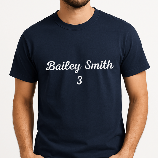 Navy blue t-shirt with 'Bailey Smith 3' printed on a white background