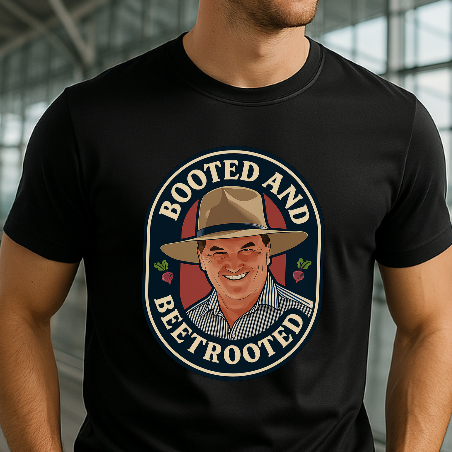 Man wearing a black t-shirt with a Barnaby Joyce Booted & Beetrooted graphic