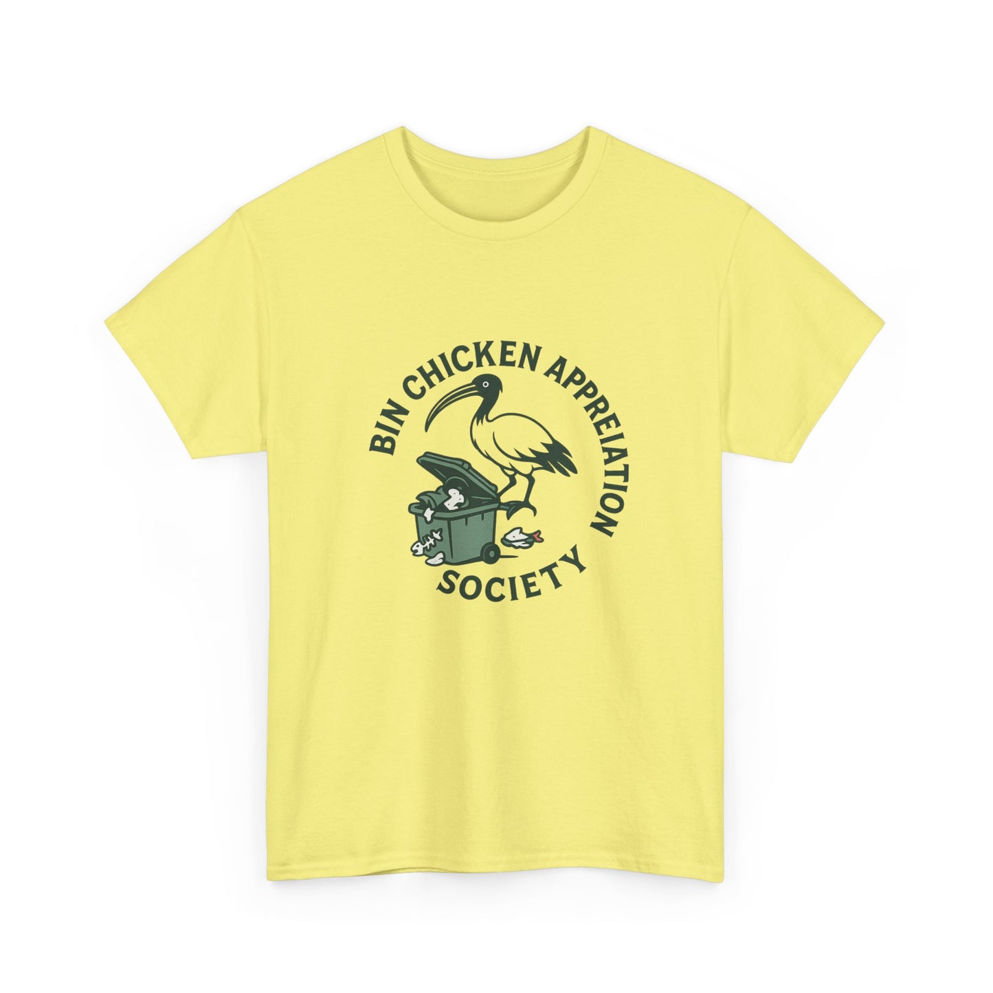 Bold cartoon ibis going through wheelie bin – Bin Chicken Appreciation Society design