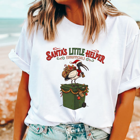 Bin Chicken Christmas T-Shirt featuring a funny Aussie Santa’s helper design