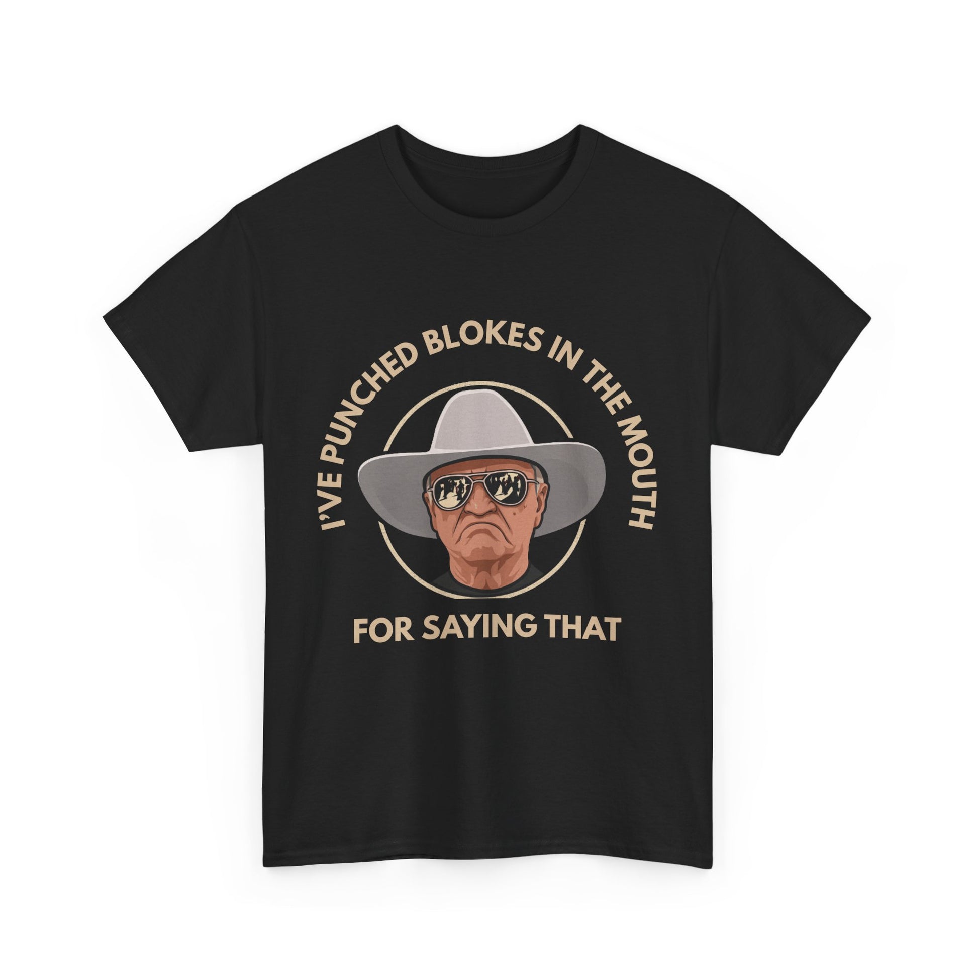 T-shirt featuring Bob Katter with slogan “I've punched blokes in the mouth for saying that”