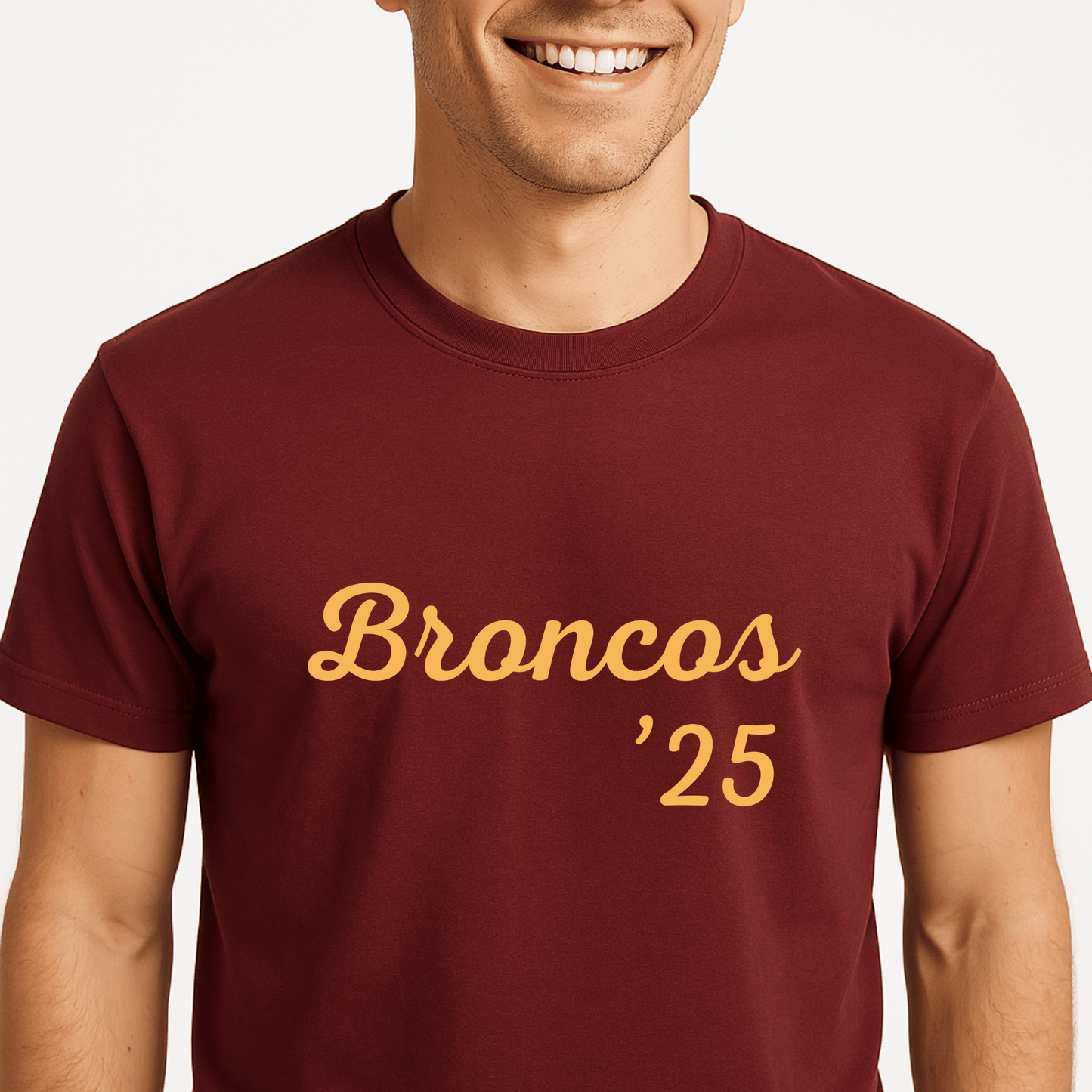 Man wearing a maroon t-shirt with 'Broncos '25' printed in yellow for Brisbane Broncos 2025 GF win