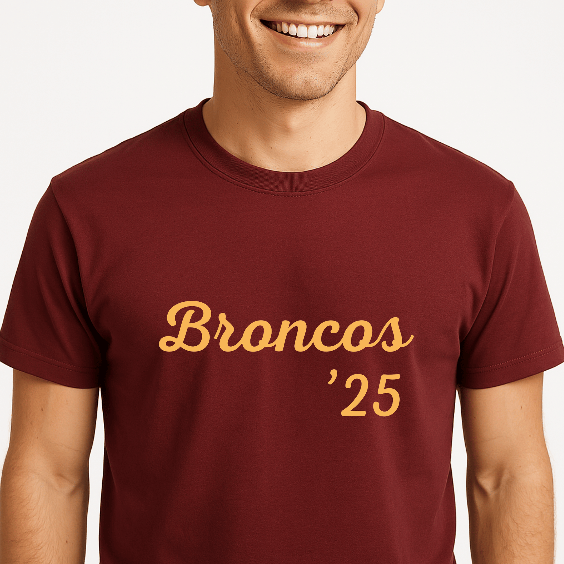 Man wearing a maroon t-shirt with 'Broncos '25' printed in yellow for Brisbane Broncos 2025 GF win
