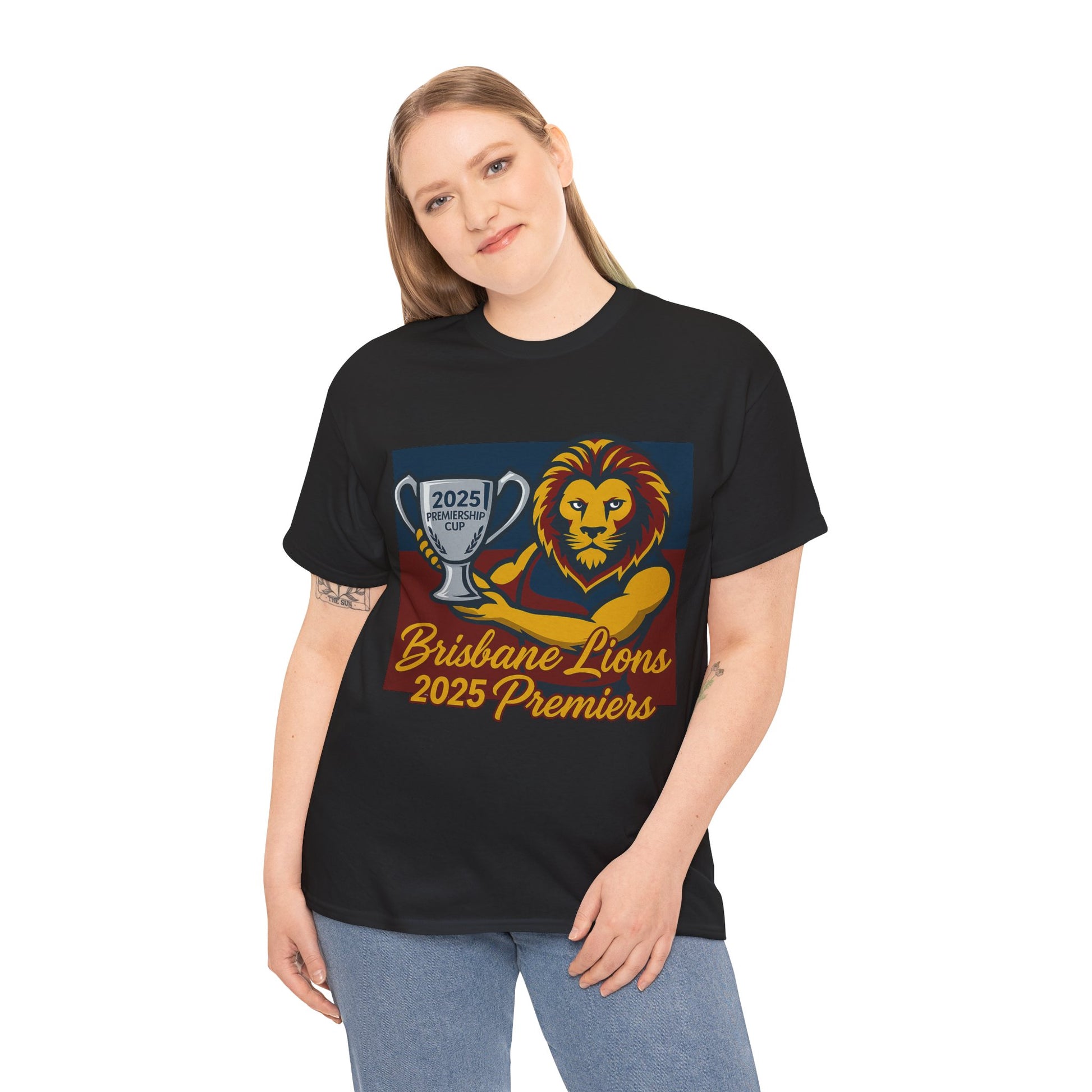 Lion with premiership cup Brisbane Lions tee, perfect for pub nights and game day