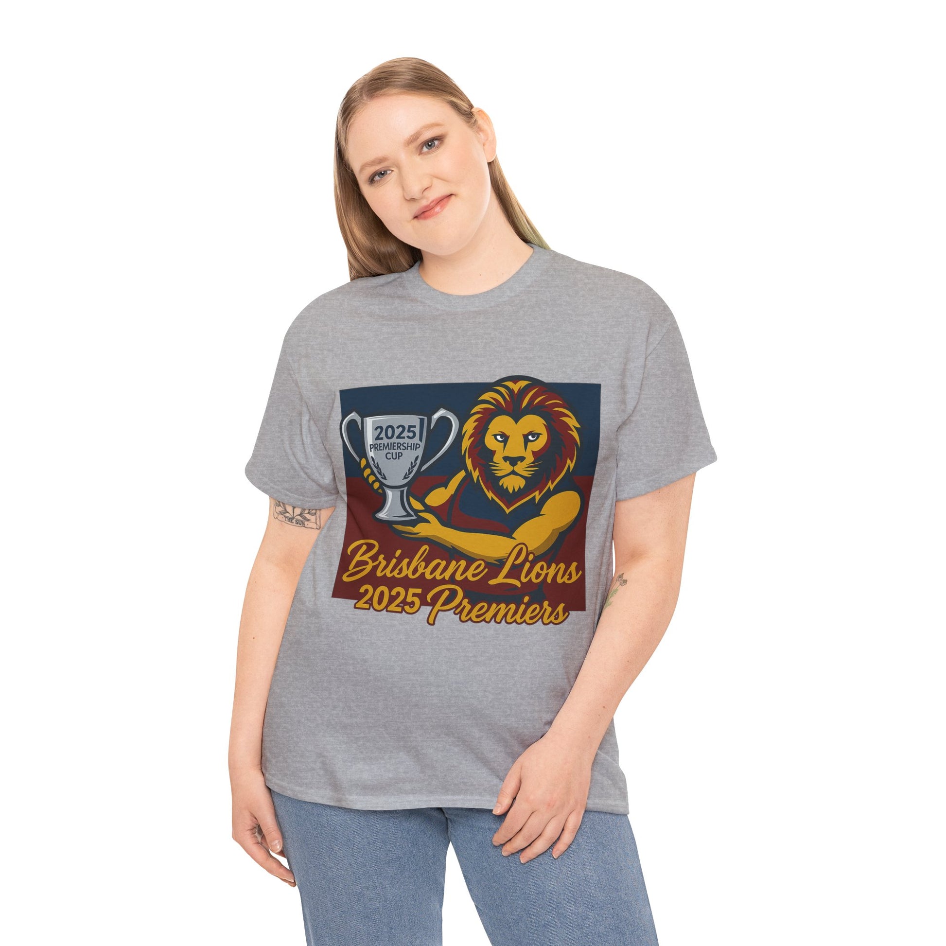 Brisbane Lions 2025 premiership tee with lion holding cup, perfect for AFL fan gatherings