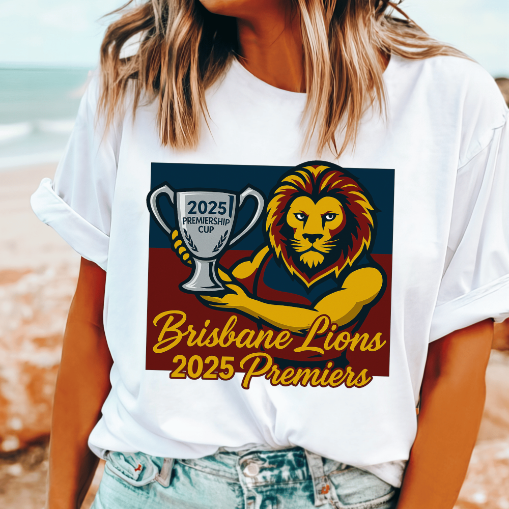 Brisbane Lions 2025 Premiers T-Shirt with lion holding premiership cup