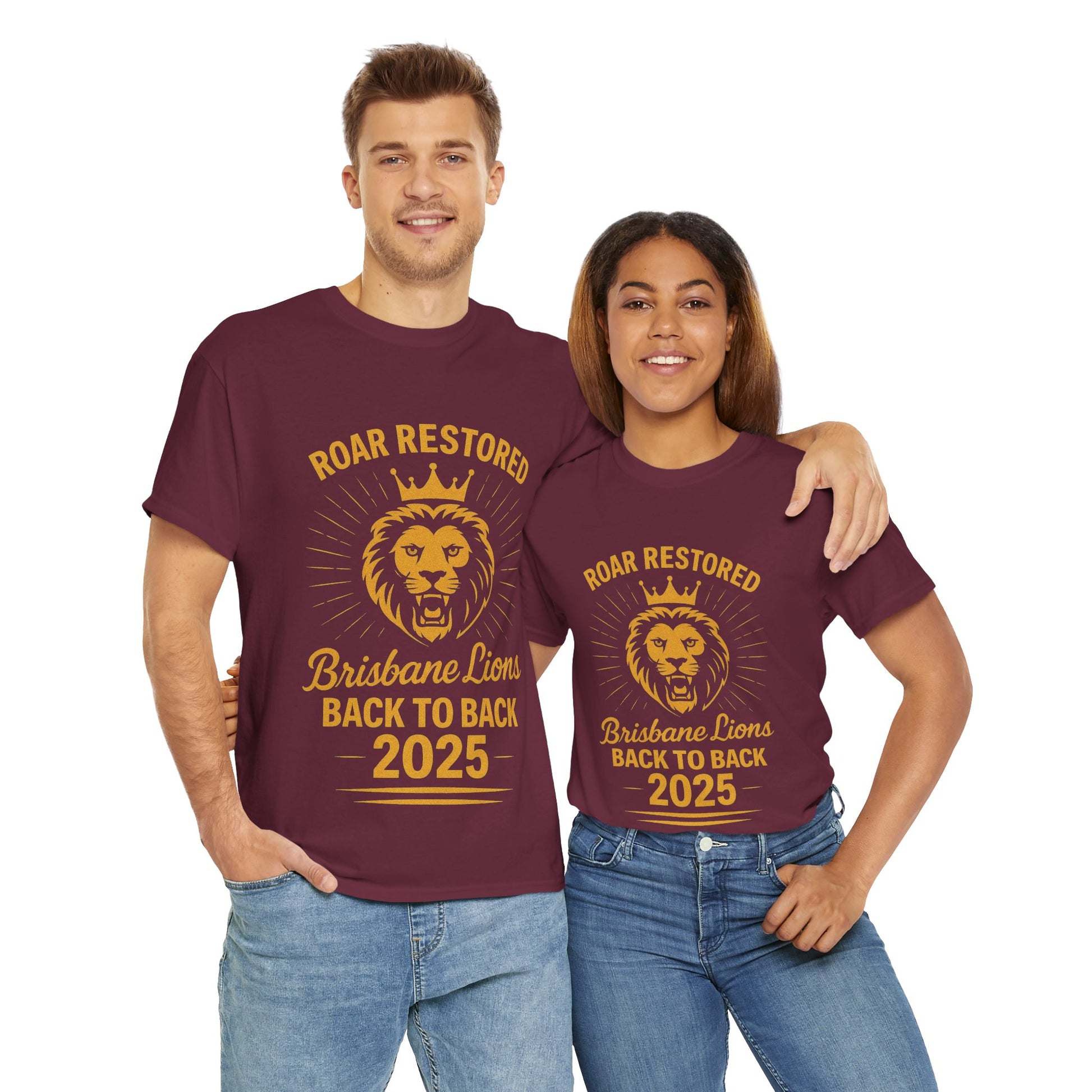 Show your team pride with Brisbane Lions 2025 “Roar Restored: Back to Back” tee
