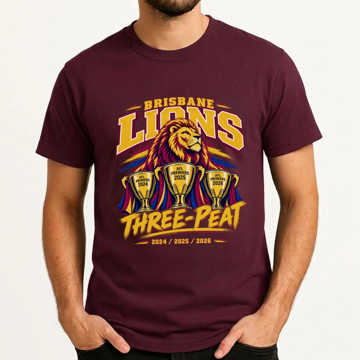 Brisbane Lions three-peat 2024 2025 2026 premiership maroon T-shirt