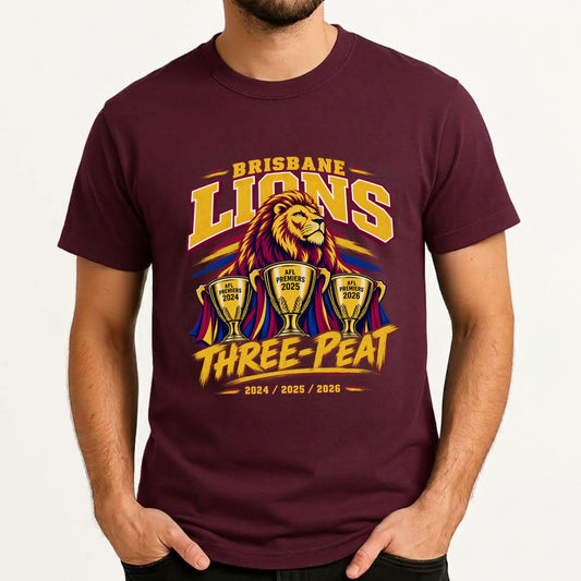 Brisbane Lions three-peat 2024 2025 2026 premiership maroon T-shirt