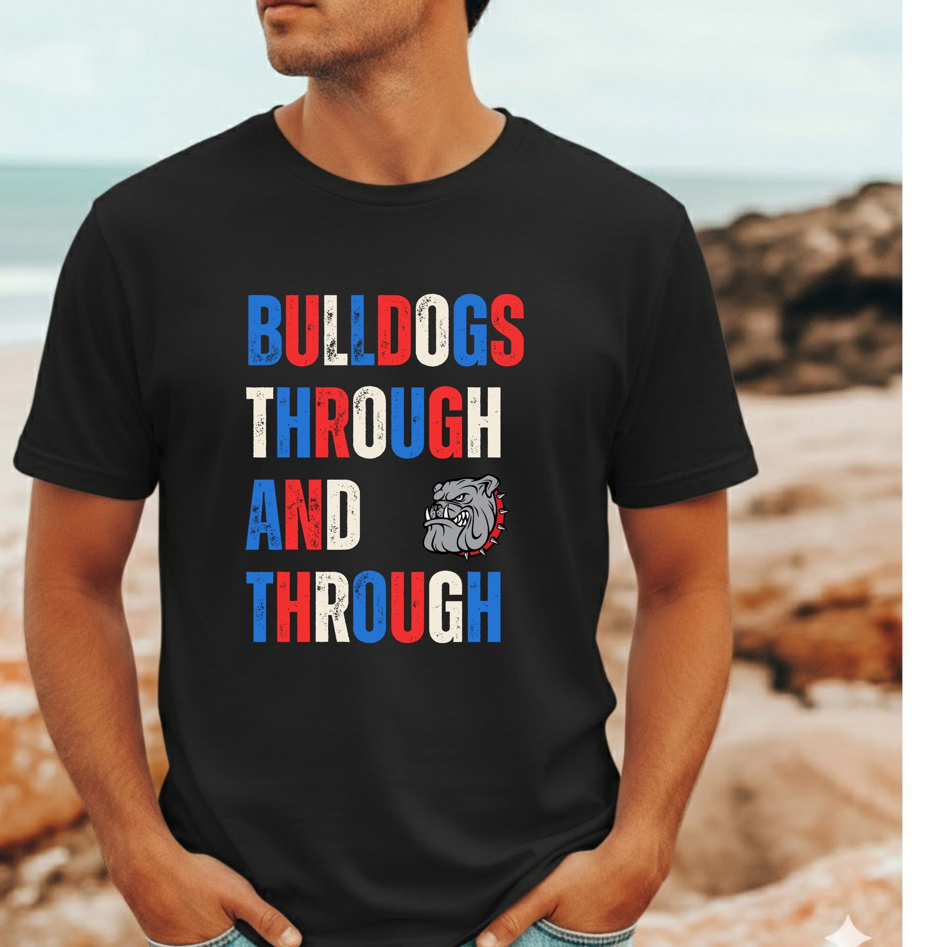 T-shirt featuring the phrase ‘Bulldogs through and through’, designed for Western Bulldogs football supporters