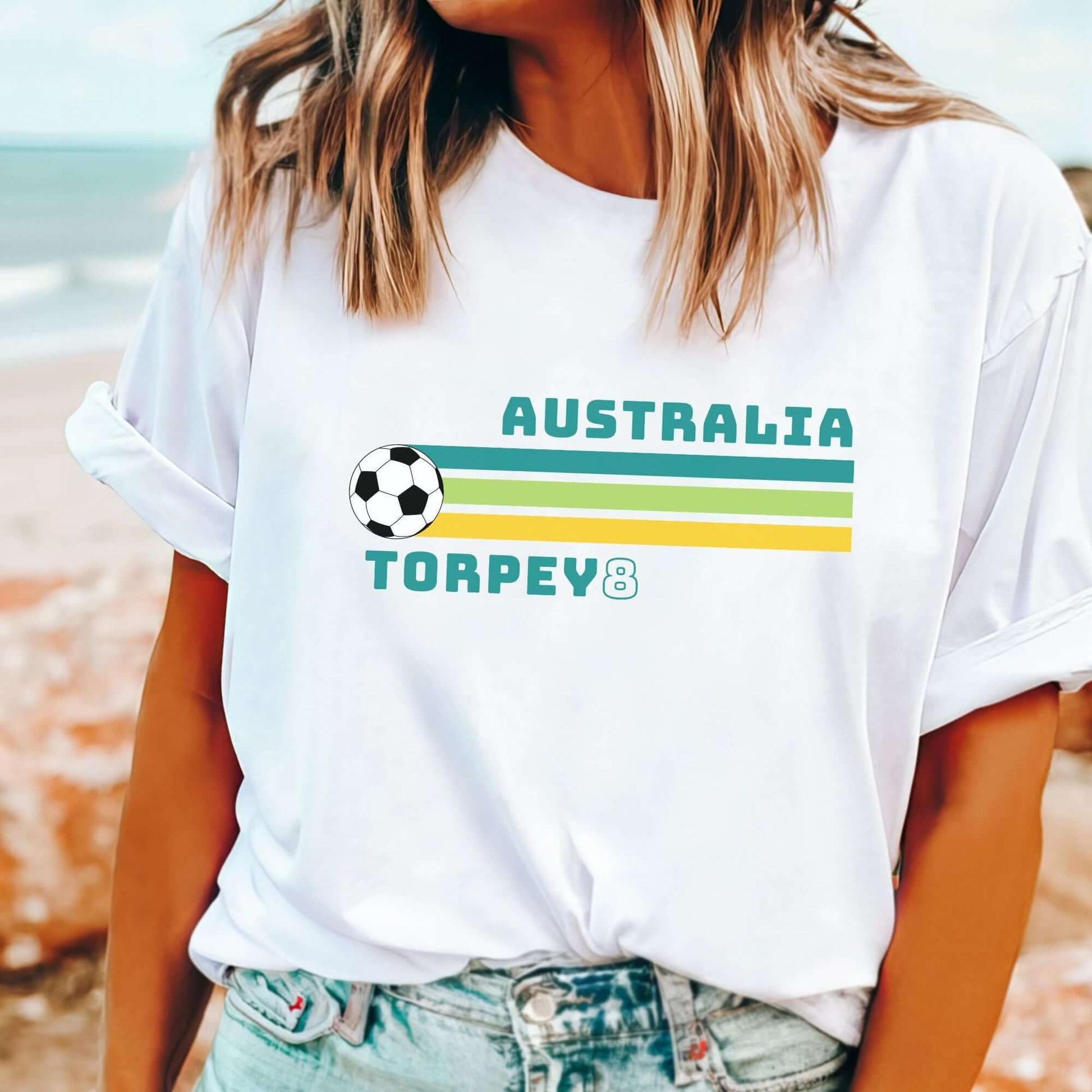 Kaitlyn Torpey number 8 retro Matildas t-shirt green and gold