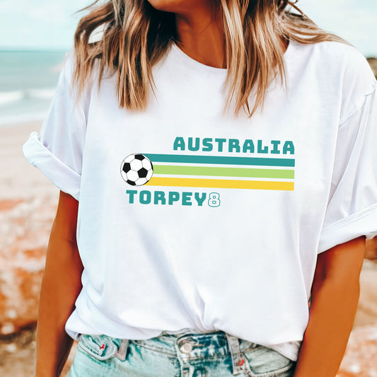 Kaitlyn Torpey number 8 retro Matildas t-shirt green and gold