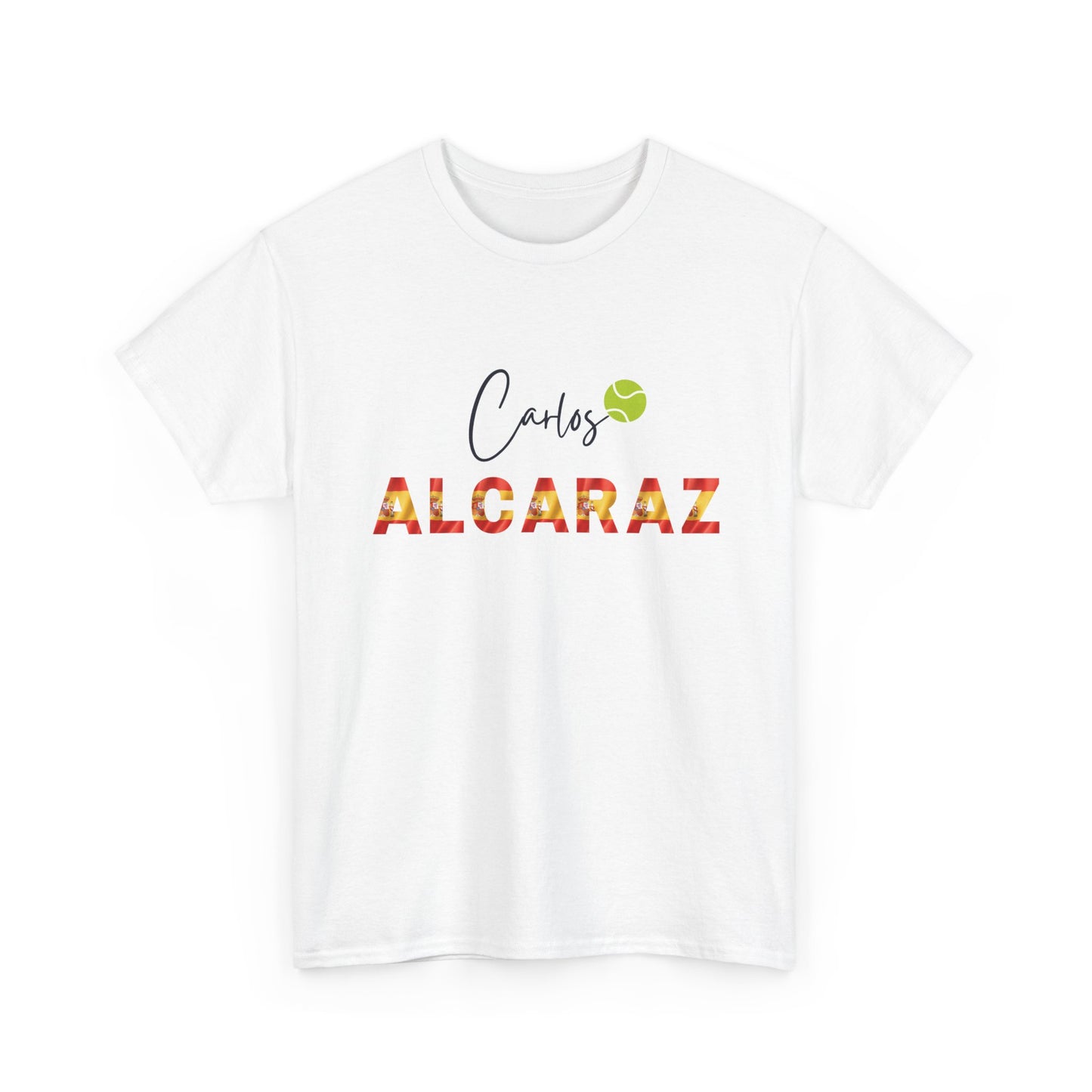 White t-shirt with 'Carlos Alcaraz' text and tennis ball graphic, Australian-inspired tee