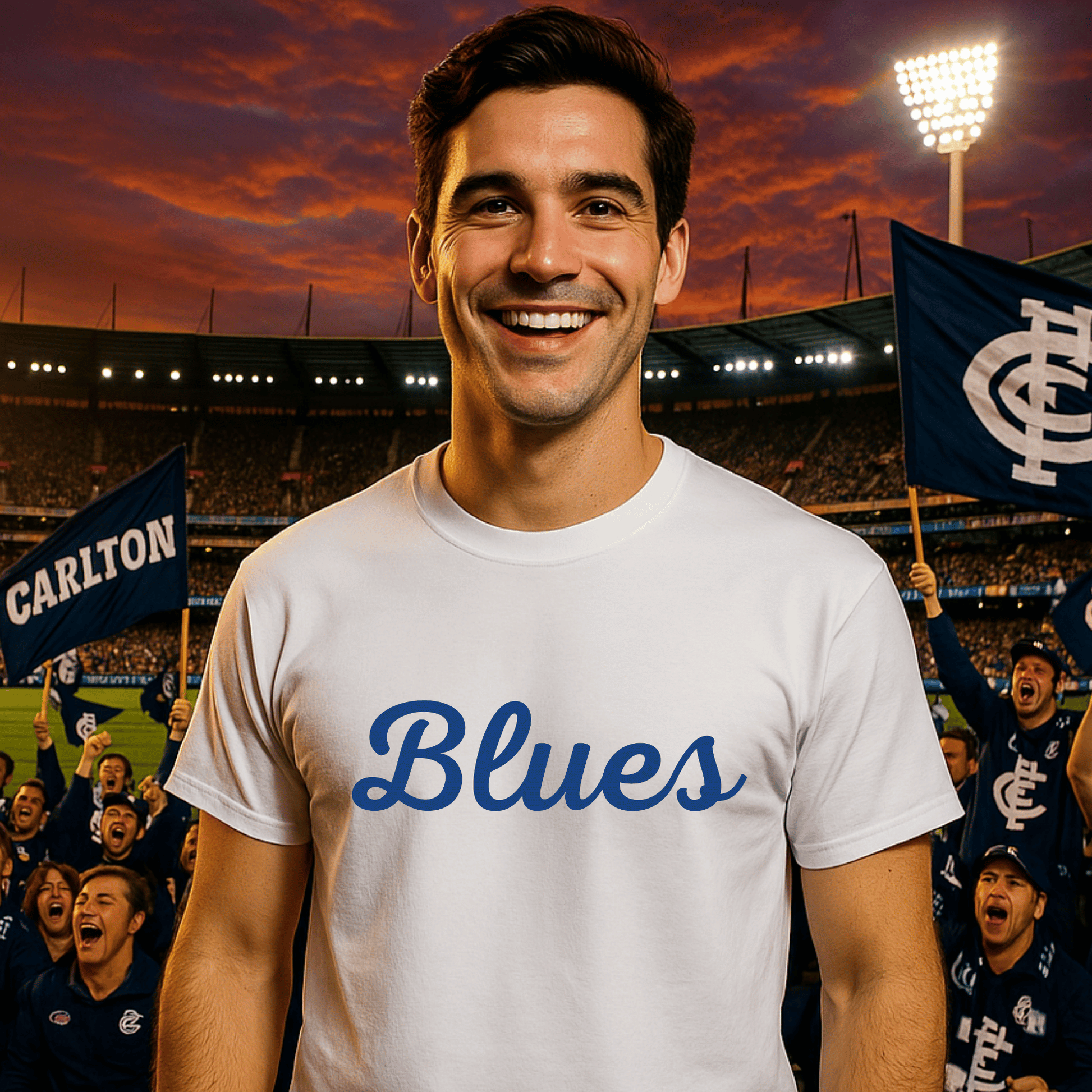 Carlton Blues supporter t-shirt for AFL fans – perfect for game day, pub hangs, or repping the navy blue with pride.