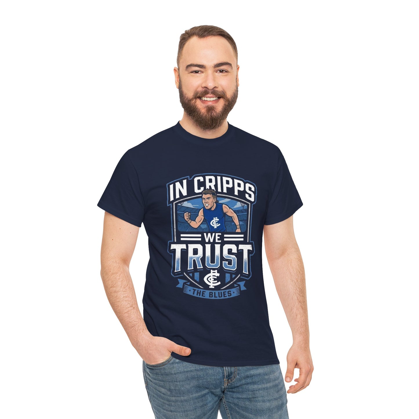 In Cripps We Trust Carlton Blues T-Shirt | Funny AFL Fan Graphic Tee