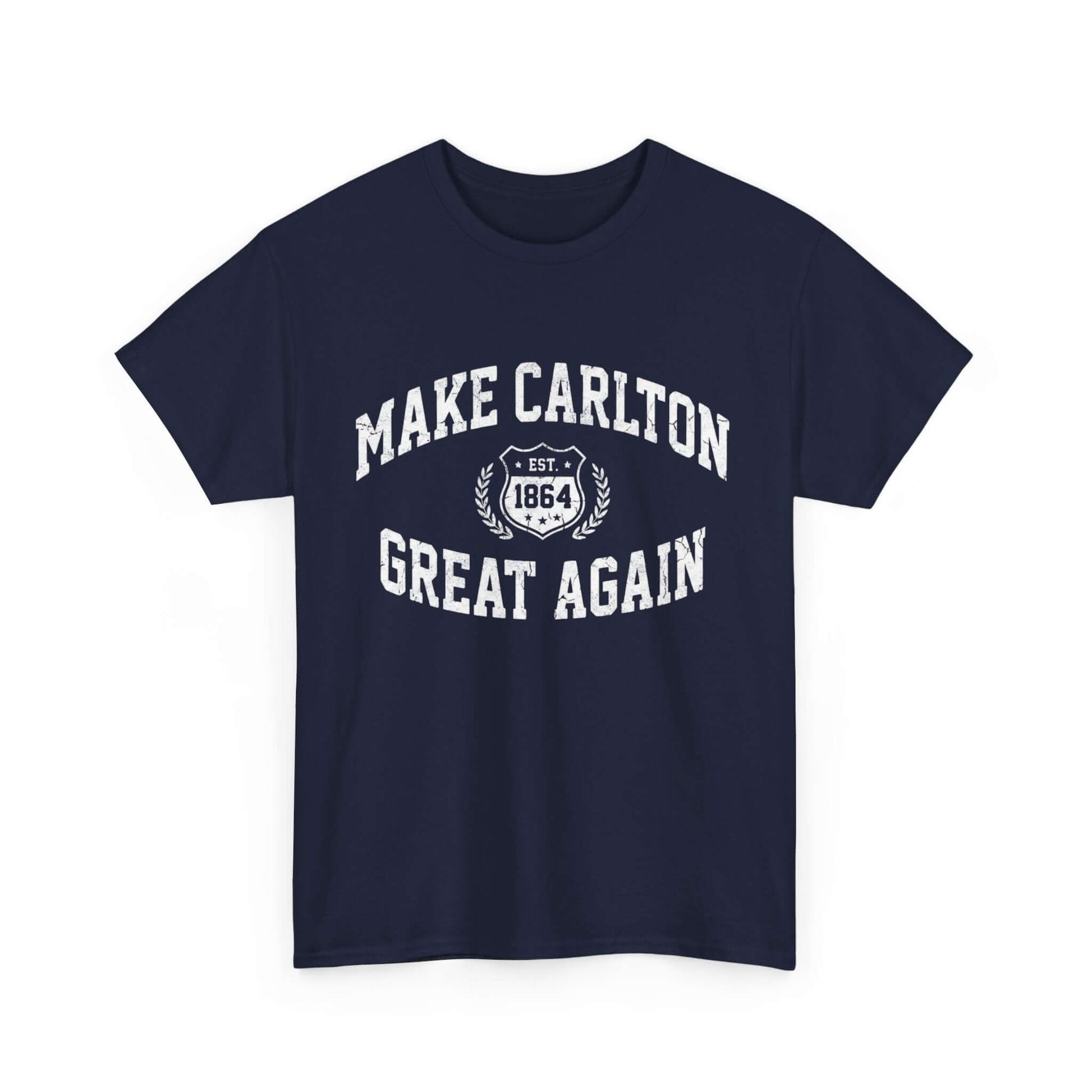 Humorous Carlton Blues supporter tee with “Make Carlton Great Again” slogan