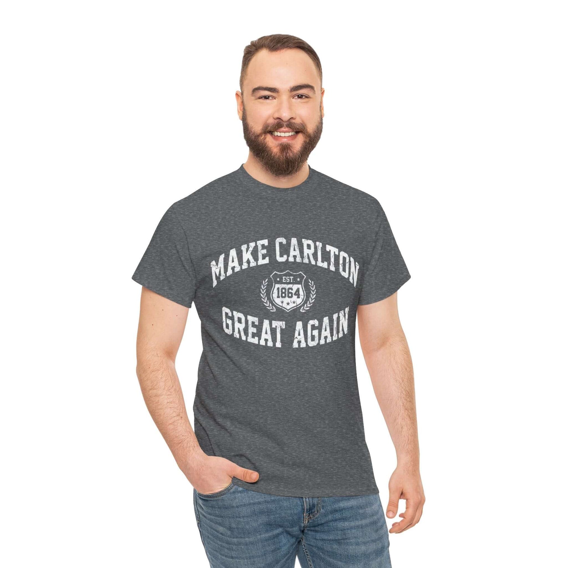 Carlton Blues novelty t-shirt with bold football-inspired text design