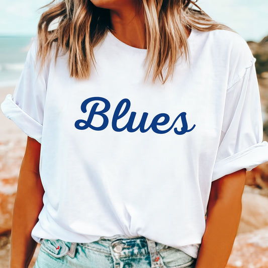 Carlton Blues scripted t-shirt on white t-shirt with woman