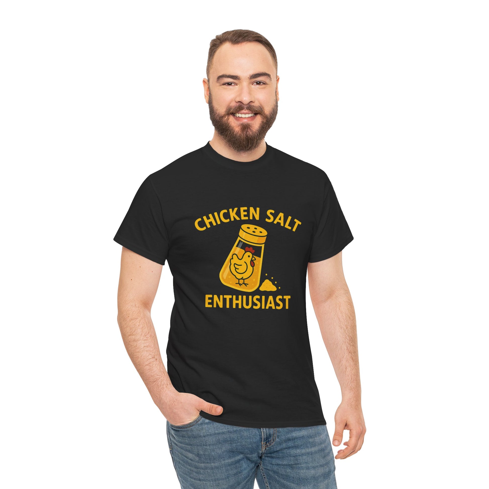 Retro-inspired shirt proudly displaying “Chicken Salt Enthusiast” across the chest.