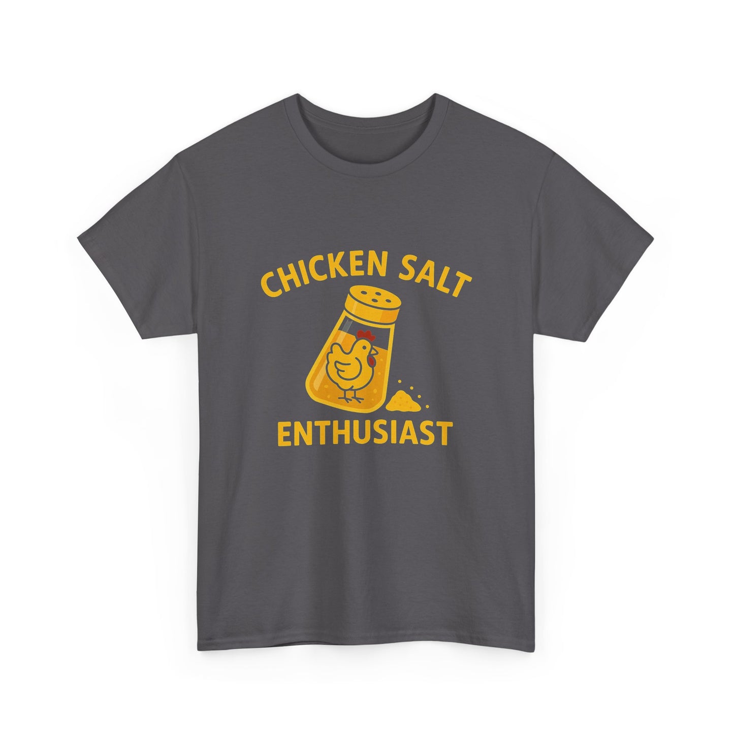 Humorous Australian food-themed t-shirt with "Chicken Salt Enthusiast" print.