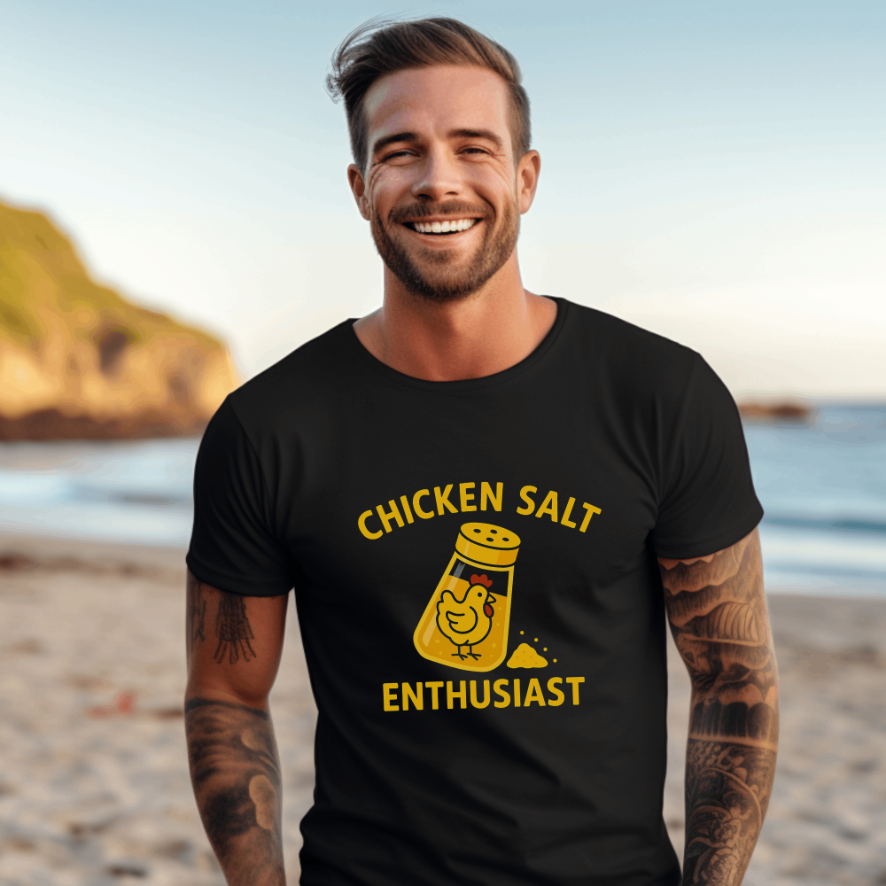 Bold "Chicken Salt Enthusiast" t-shirt for lovers of the iconic Aussie seasoning.
