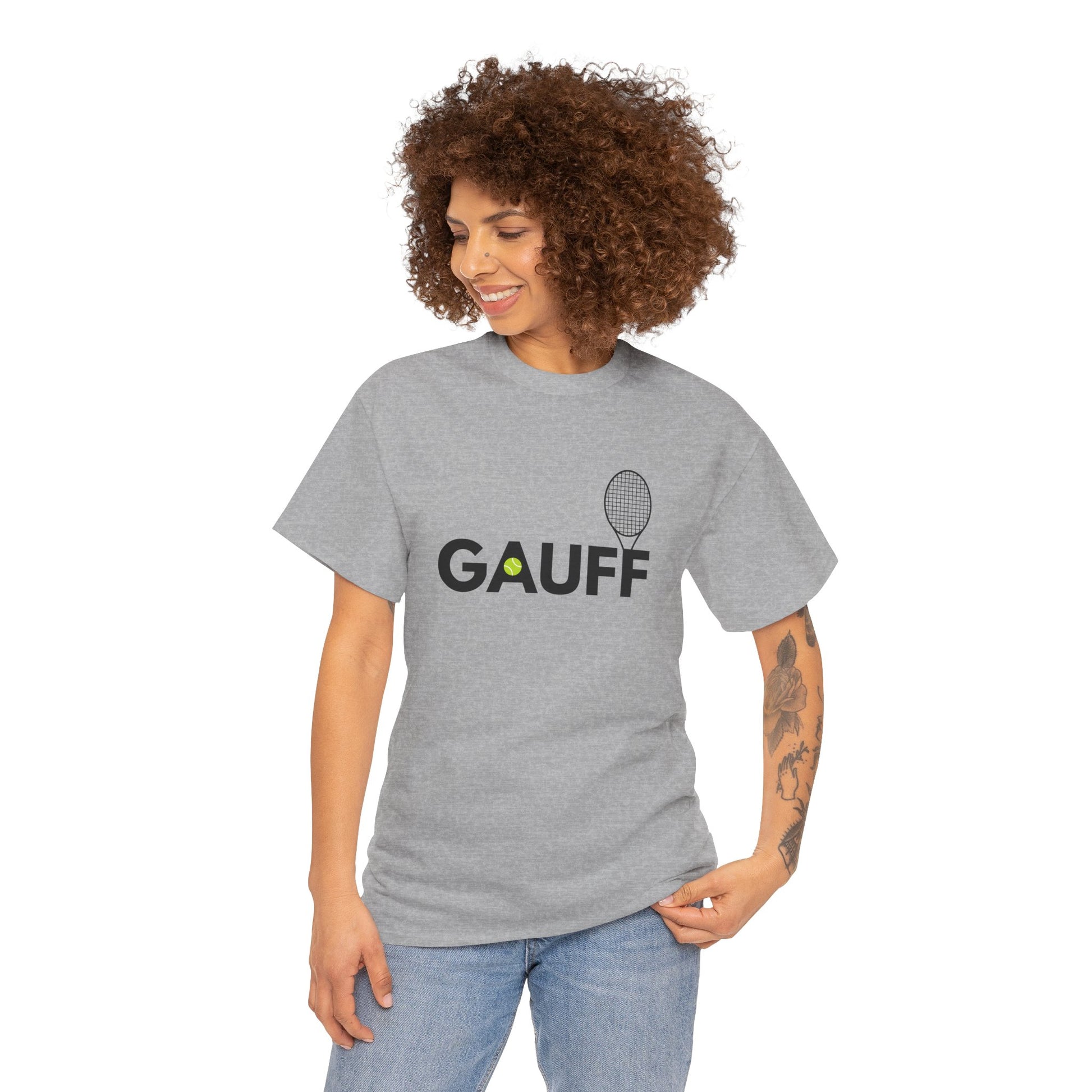 Tennis supporter shirt inspired by Coco Gauff with tennis ball and racquet artwork