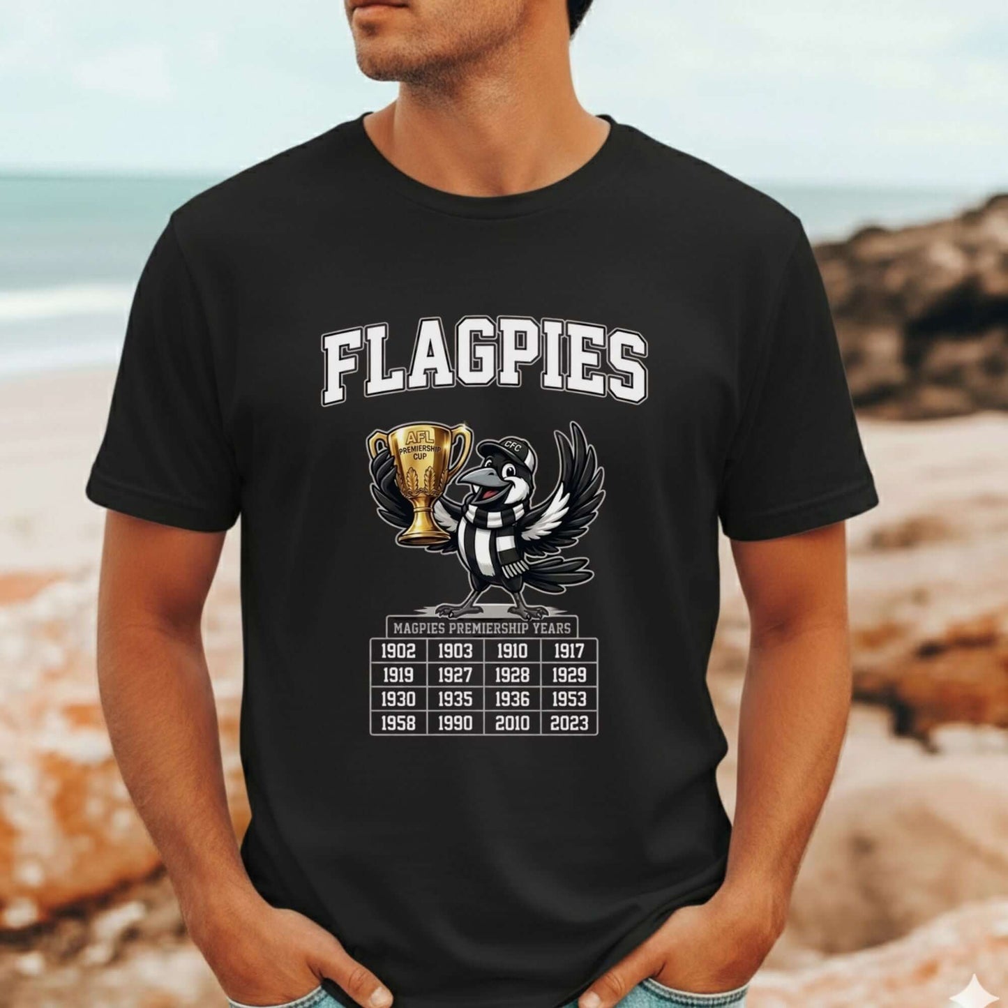 Collingwood Flagpies black T-Shirt featuring every year Collingwood have won premiership