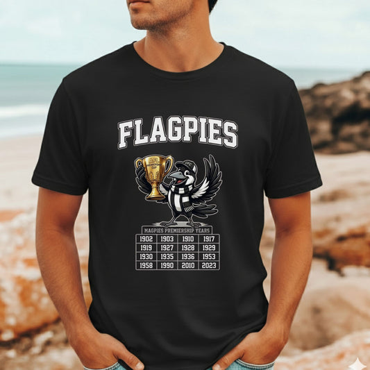 Collingwood Flagpies black T-Shirt featuring every year Collingwood have won premiership