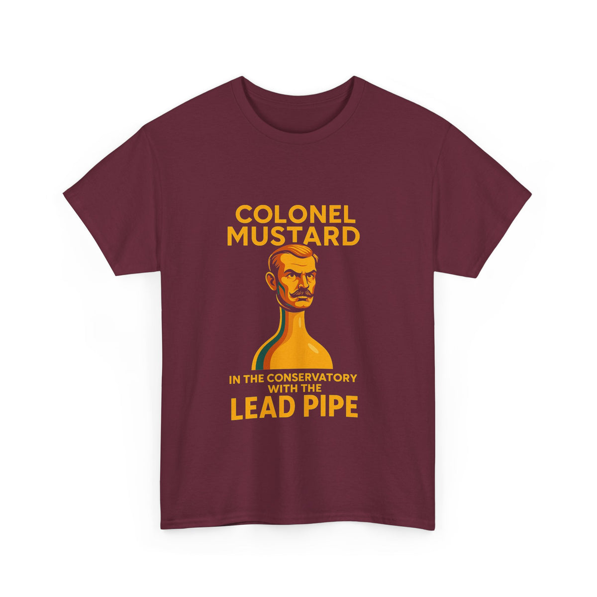 Unisex t-shirt with vintage design inspired by Colonel Mustard from Cluedo.
