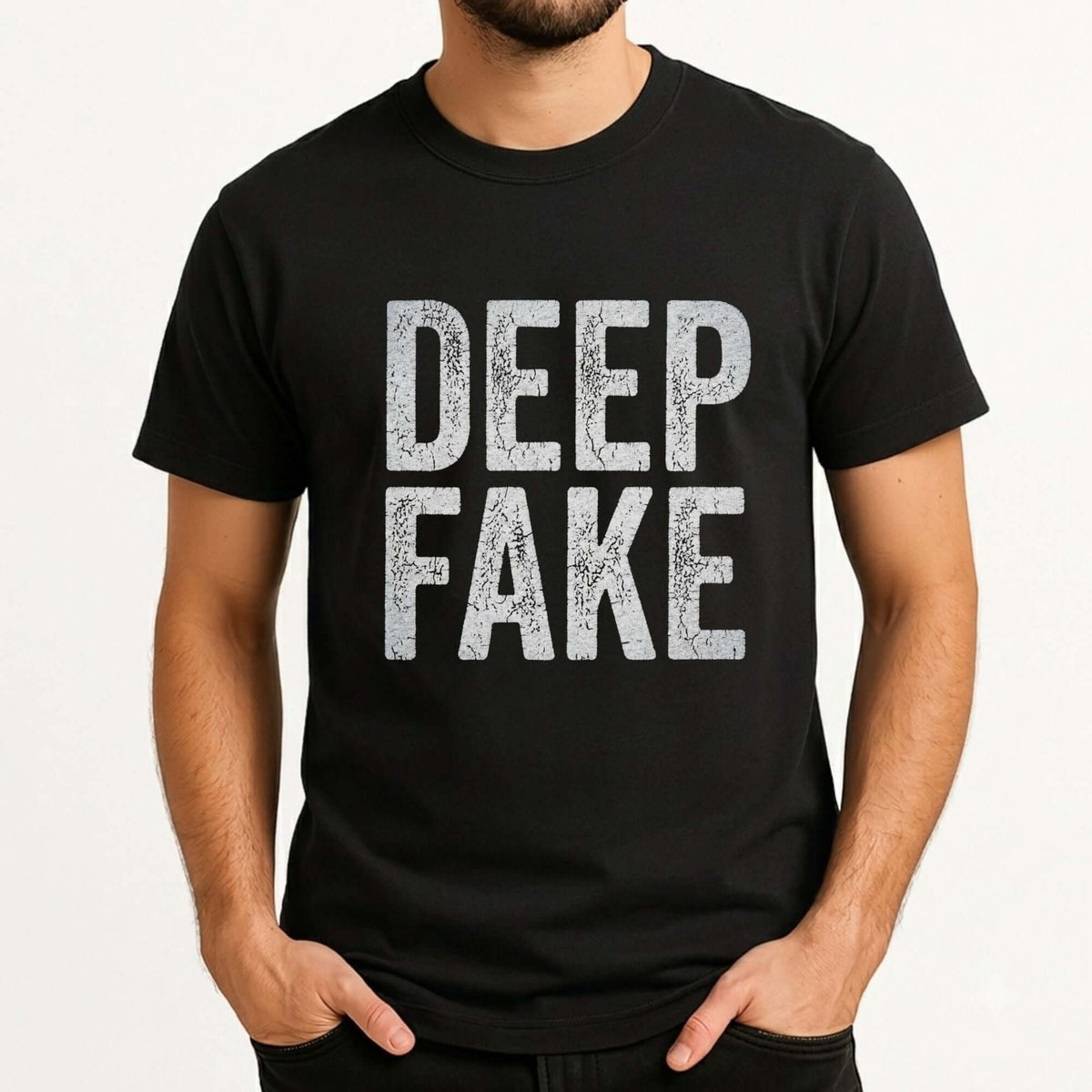 A man wearing a black short-sleeve t-shirt with the words 'DEEP FAKE' printed in large, distressed white block letters across the chest, set against a plain light background.