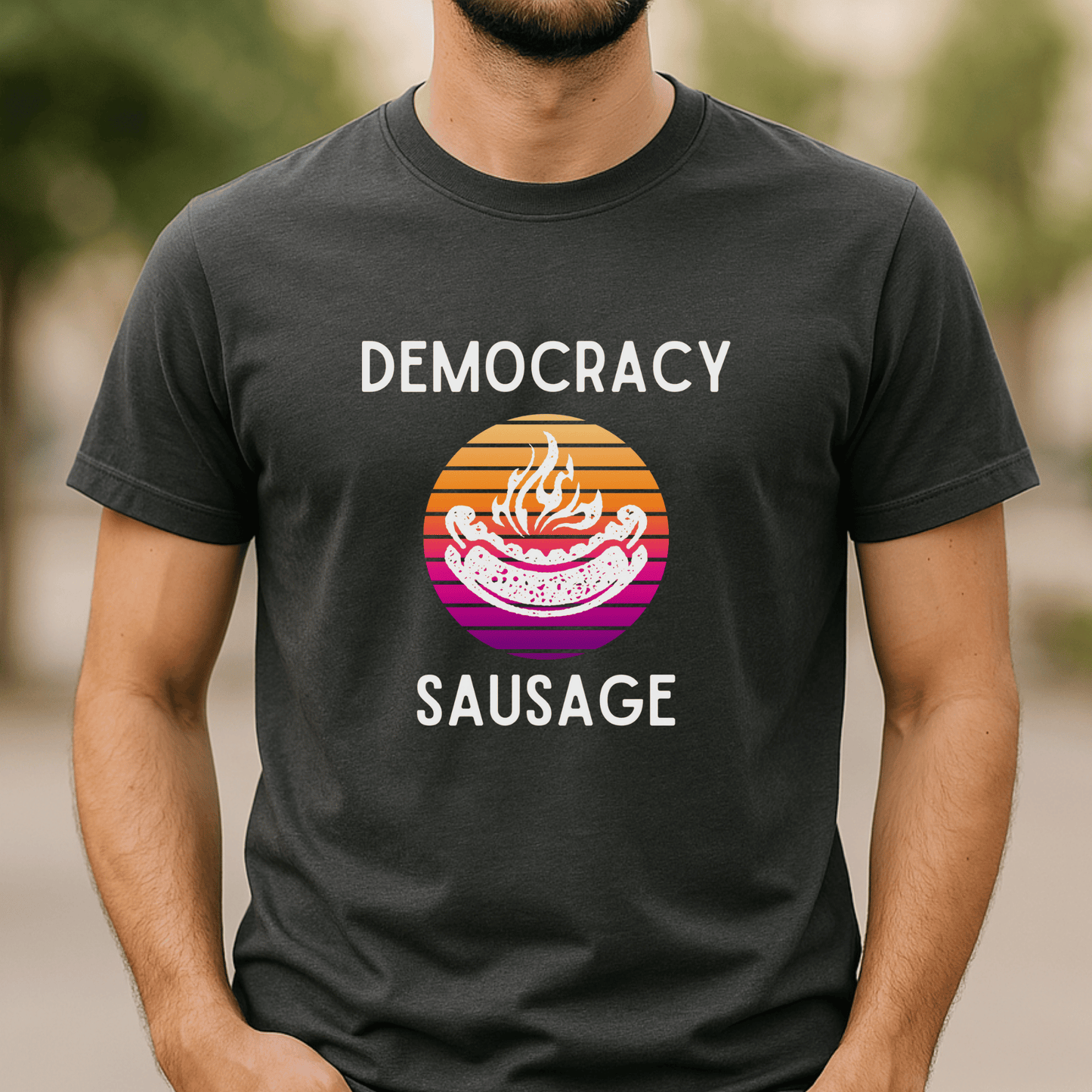 Democracy Sausage” t-shirt celebrating Aussie election day tradition — funny political tee for voting fans and democracy lovers.

