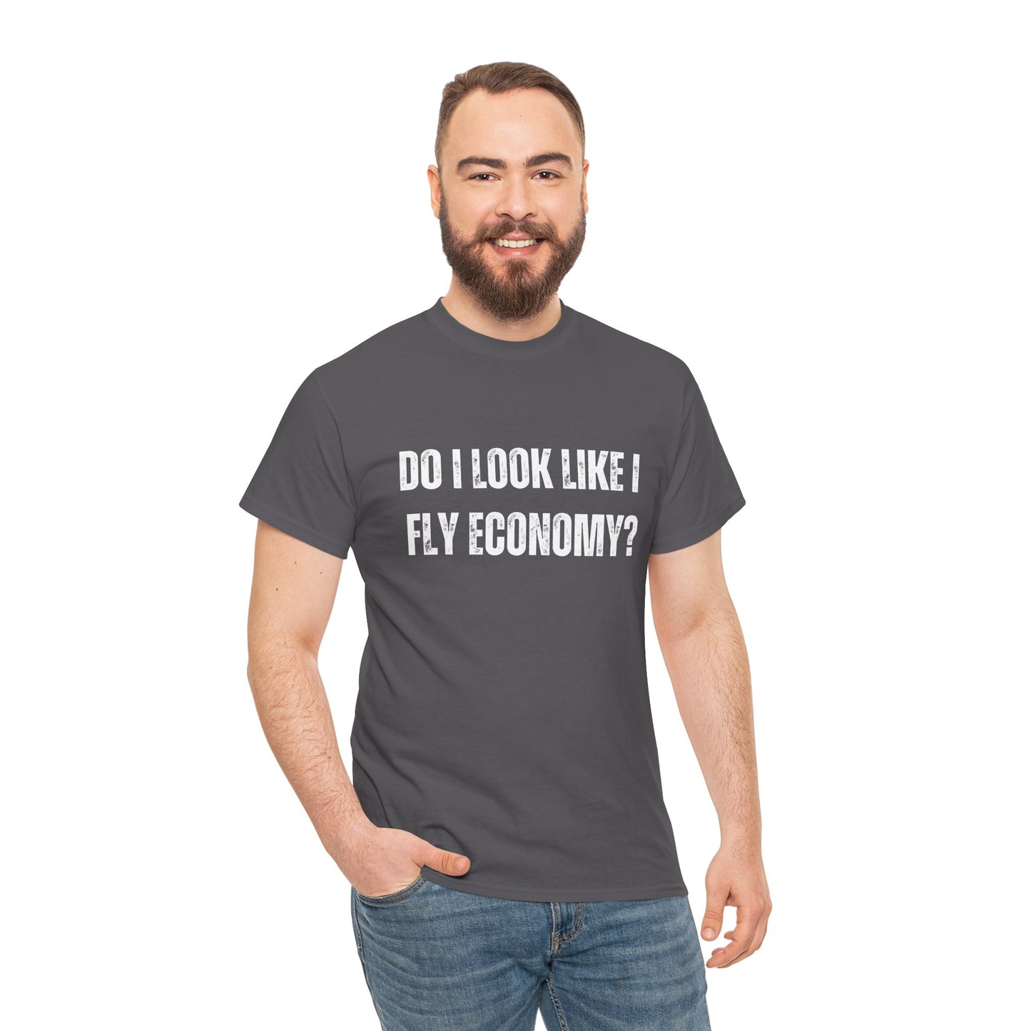 Witty travel slogan shirt for premium cabin passengers