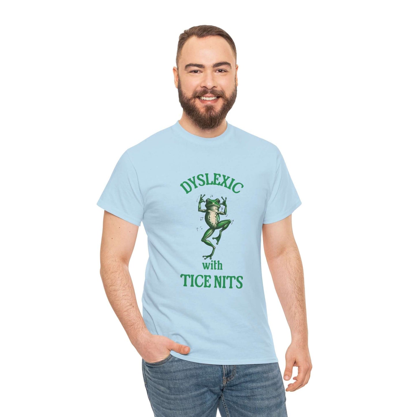 Novelty dyslexic frog tee hilarious “tice nits” slogan shirt