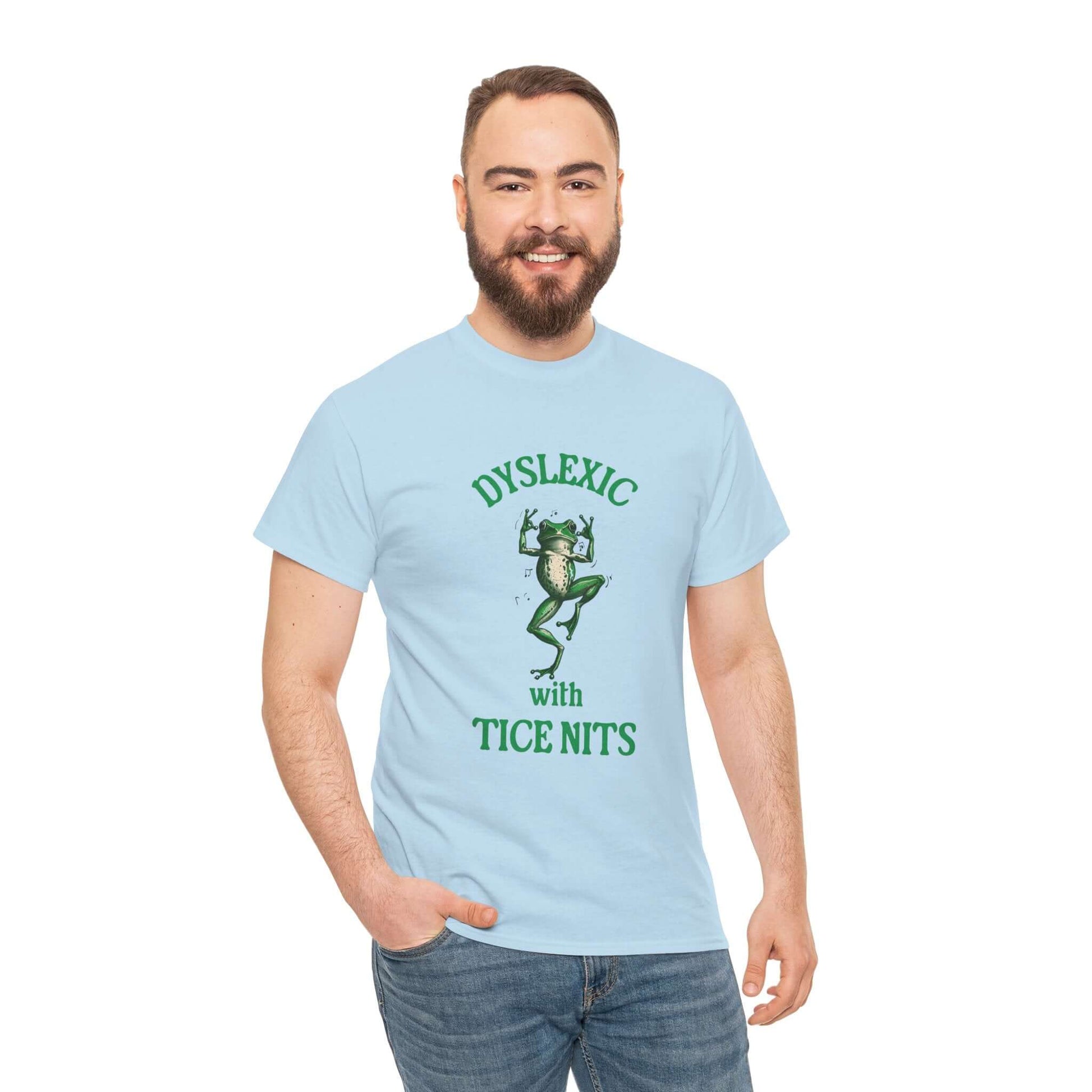 Novelty dyslexic frog tee hilarious “tice nits” slogan shirt